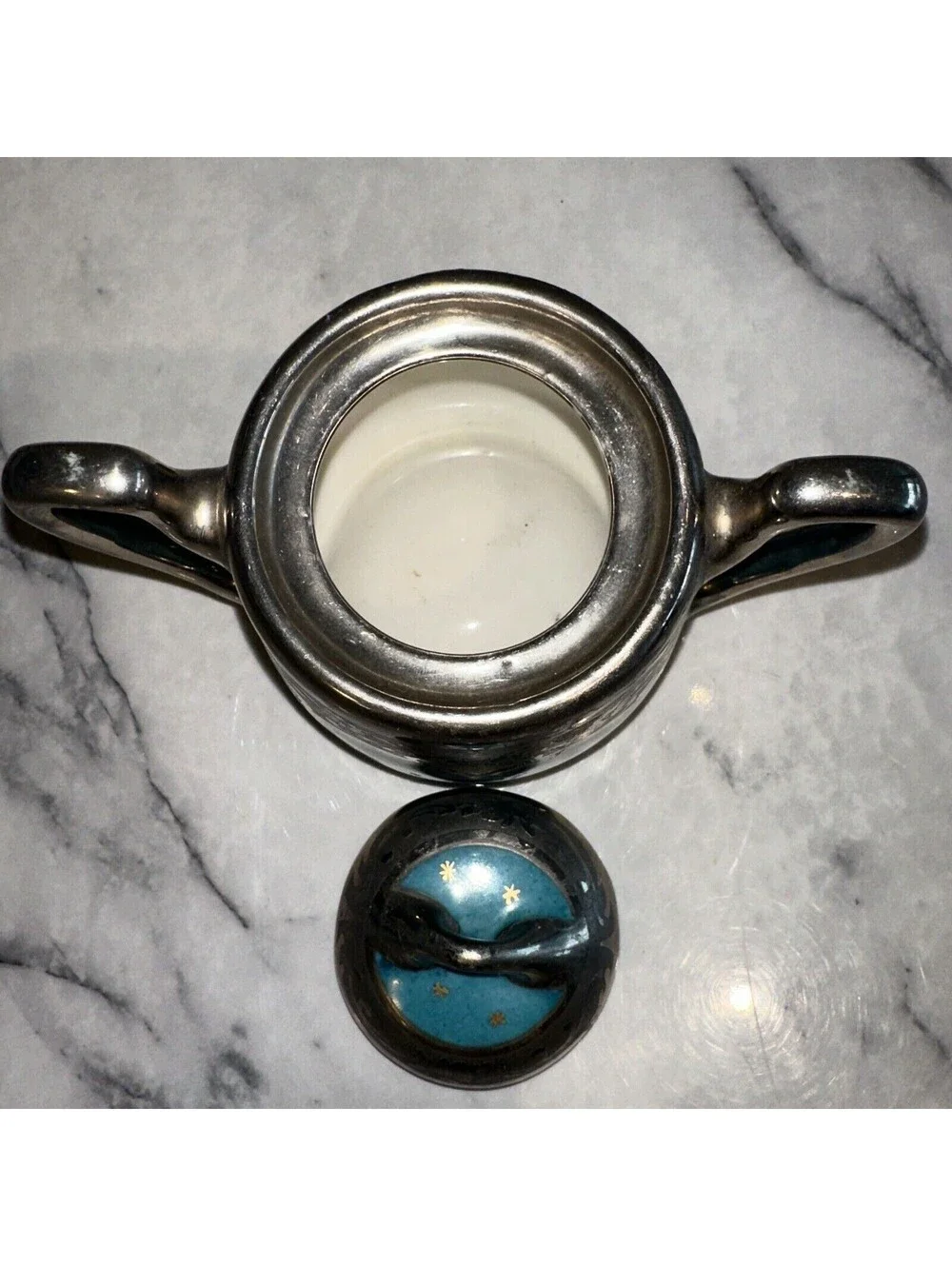 Brauer Hand Painted Lidded Sugar Bowl vintage Silver Chrome Gold Blue Art Deco